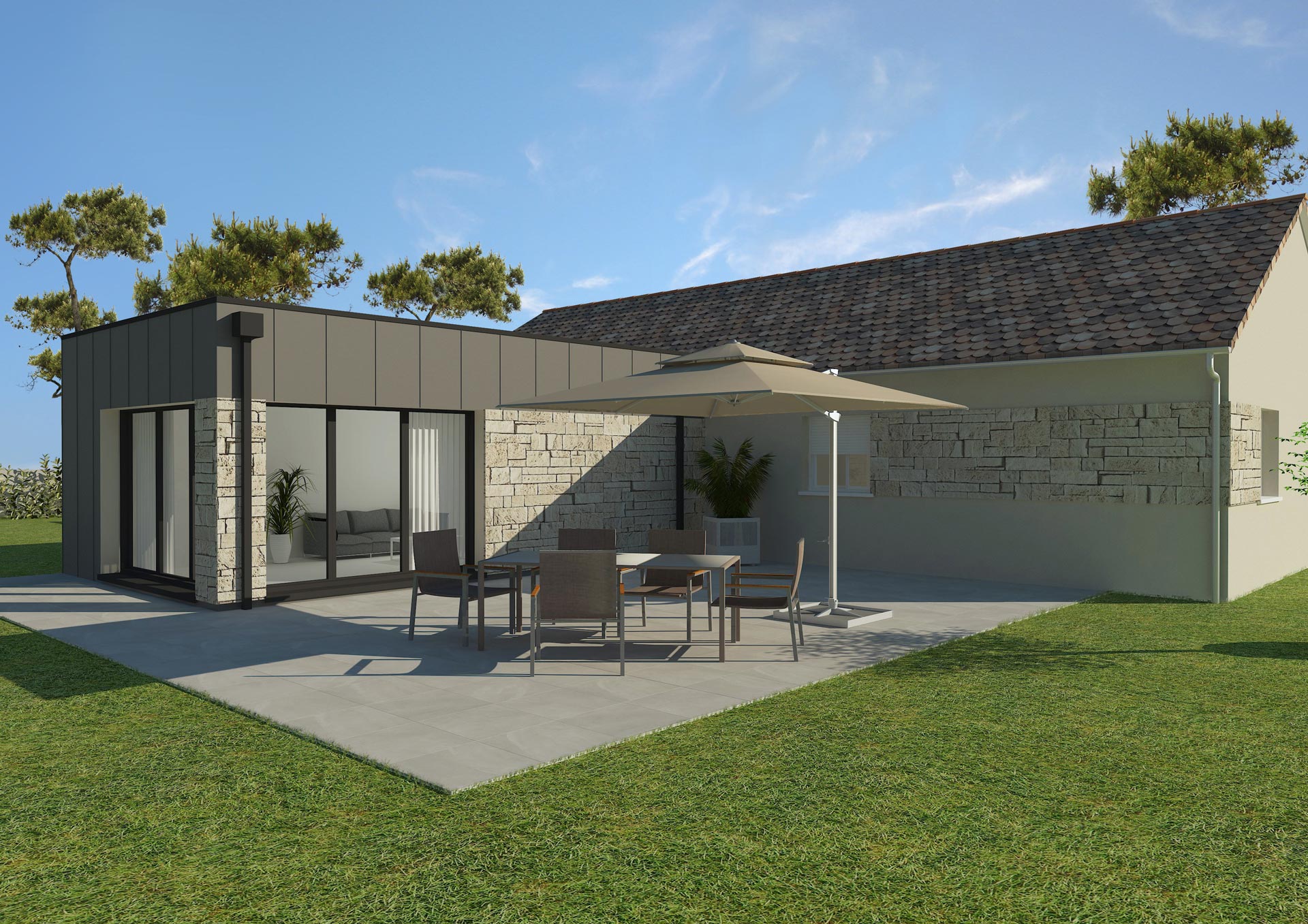 agrandissement maison contemporaine cube zinc pierre bloom2