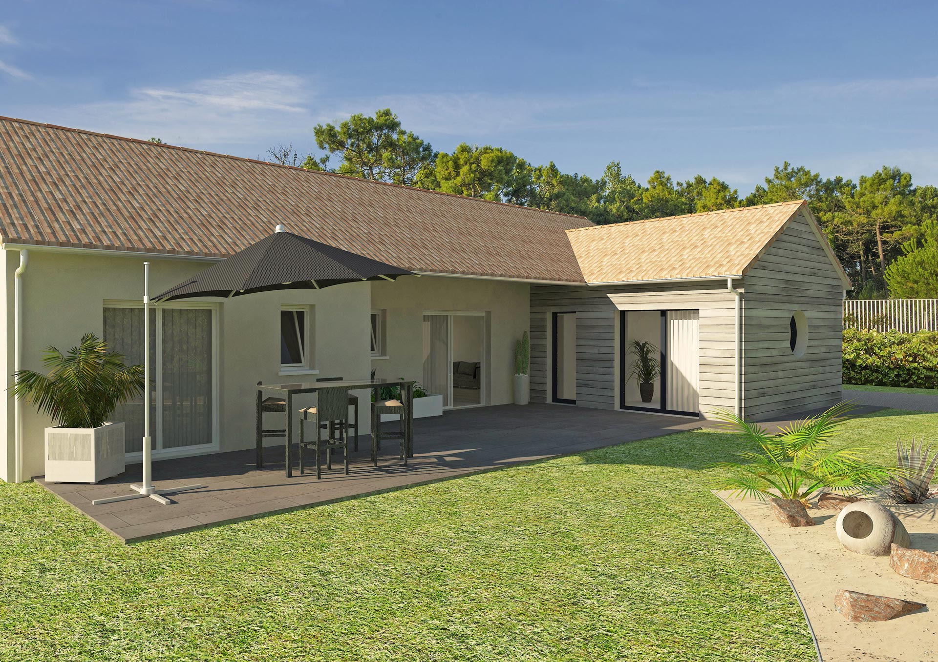 Agrandissement maison traditionnelle en angle avec petite extension en bois