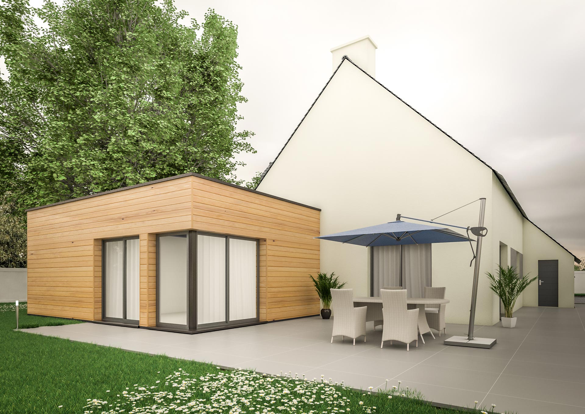 Extension maison contemporaine cube bois modèle Kubik