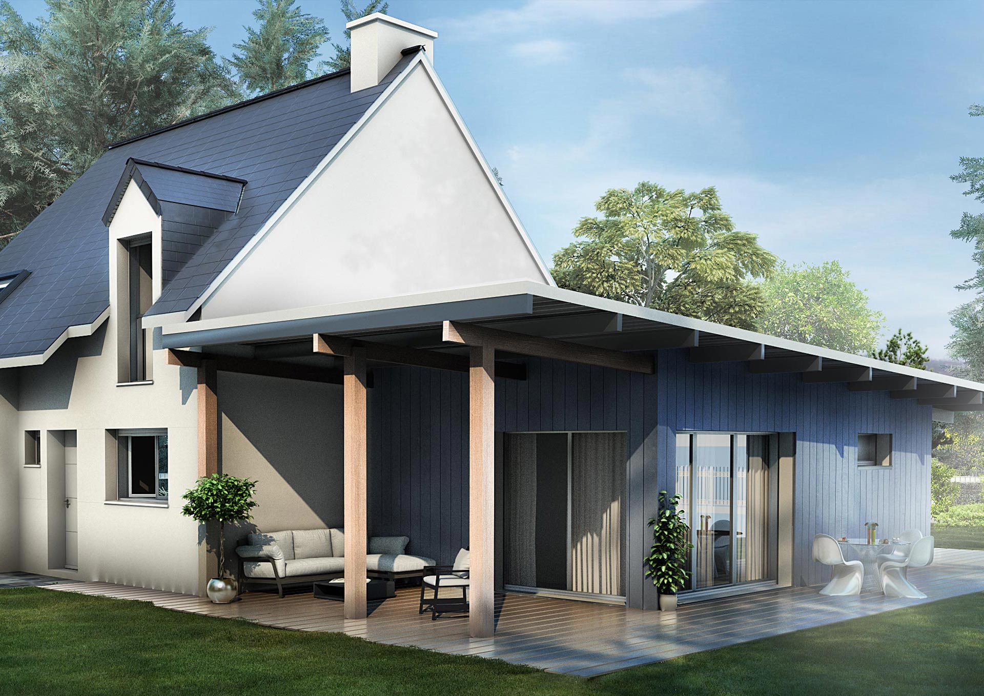 Extension maison design préau terrasse