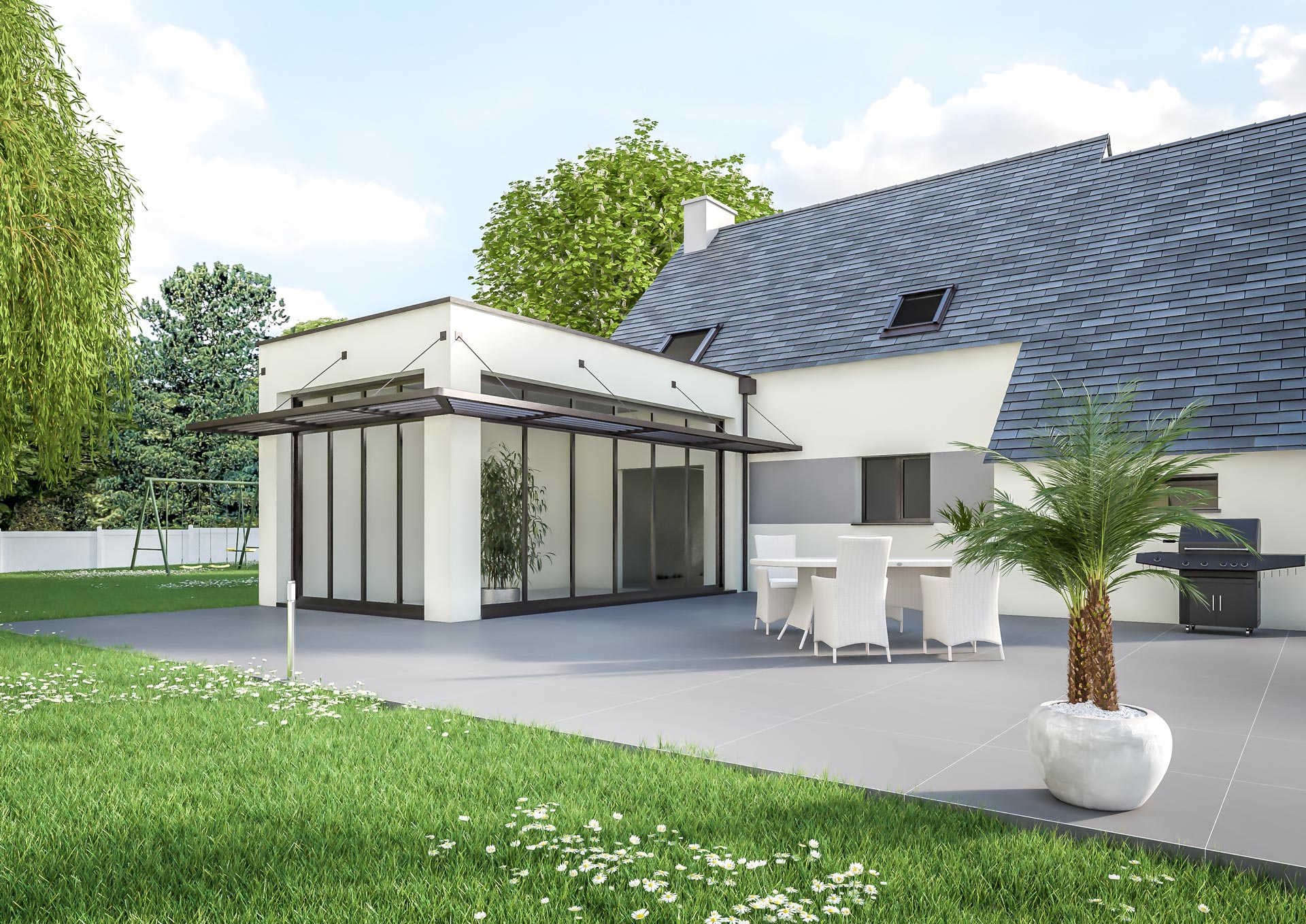 Extension de maison design : esprit veranda avec ses grandes baies vitrées