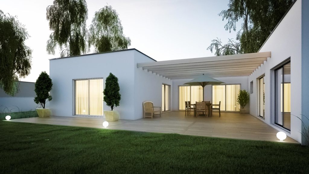 Extension d'une maison design et moderne avec terrasse en bois et pergola