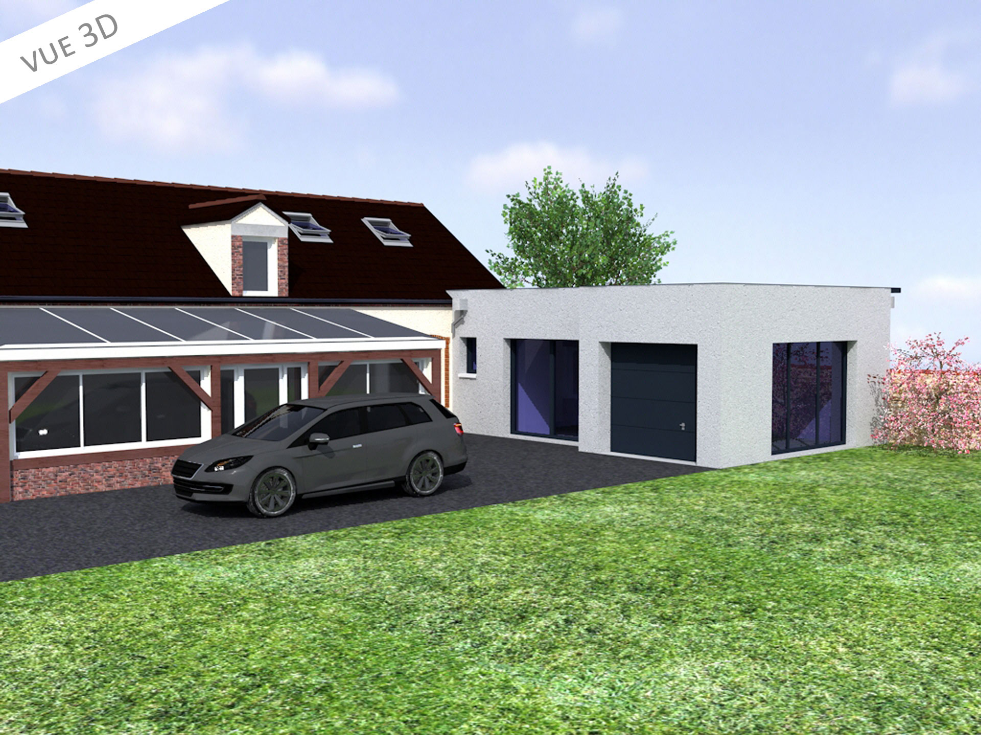 plan 3d extension maison garage 45700