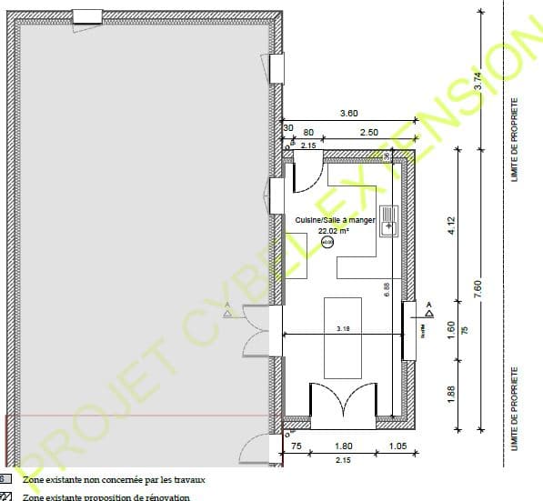 Plan de l'agrandissement de cuisine en façade