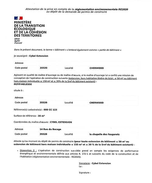 Exemple d'une attestation pour les agrandissements inférieurs à 50m²