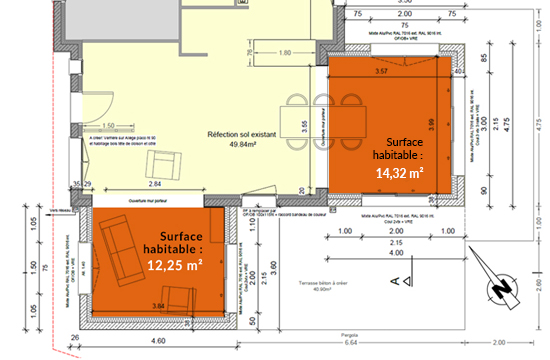 Le plan des surfaces habitables de deux projets d'agrandissement sur une même maison.