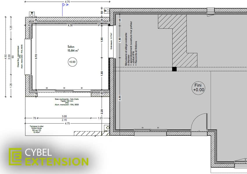 Le plan des 15 mètres carrés de l'extension.