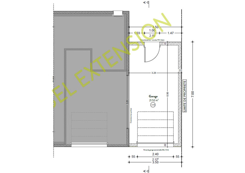 Plan d'une extension de garage de 21 m²