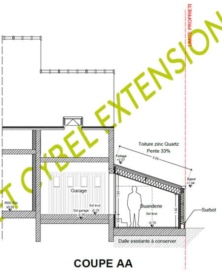 Plan de coupe d'une extension en limite de propriété