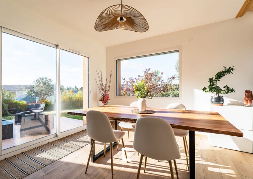 Salle à manger ouverte sur le jardin et amenant de la luminosité avec une grande belle vitre et une grande fenêtre