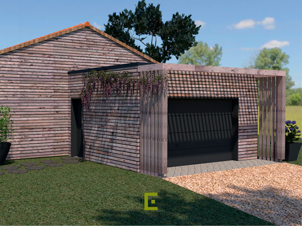 Un garage en bois et une pergola ajourée